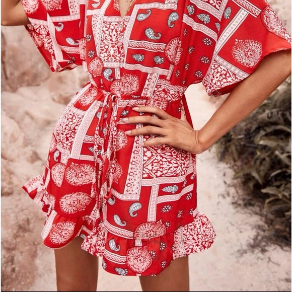 New Boho Red & White Scarf Print Batwing Sleeve Knot Front Ruffle Hem Romper - Picture 7 of 12